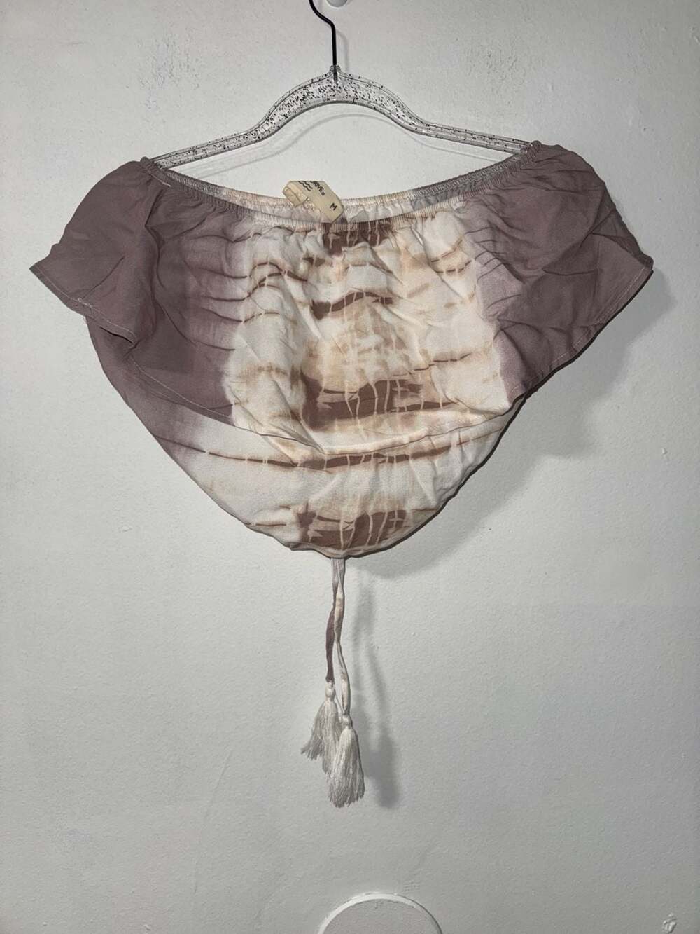 Ocean Drive Brown Beige Tie-Dye Off-The-Shoulder Crop Top With Tassels Medium